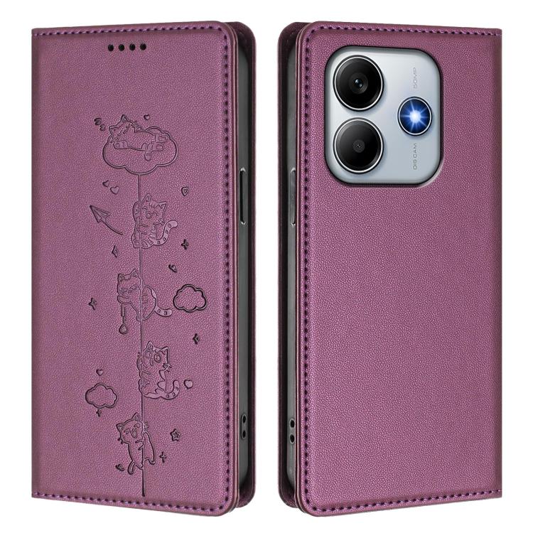 For Redmi Note 14 5G / Xiaomi Poco M7 Pro 5G Cute Cats Embossed Magnetic RFID Vegan Leather Phone Case