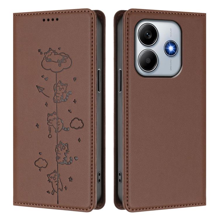 For Redmi Note 14 5G / Xiaomi Poco M7 Pro 5G Cute Cats Embossed Magnetic RFID Vegan Leather Phone Case