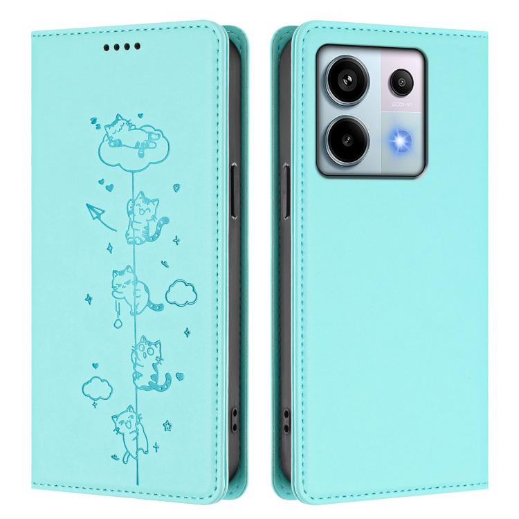 For Redmi Note 13 Pro 5G / Xiaomi Poco X6 Cute Cats Embossed Magnetic RFID Vegan Leather Phone Case