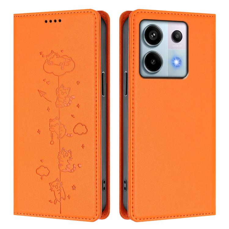For Redmi Note 13 Pro 5G / Xiaomi Poco X6 Cute Cats Embossed Magnetic RFID Vegan Leather Phone Case