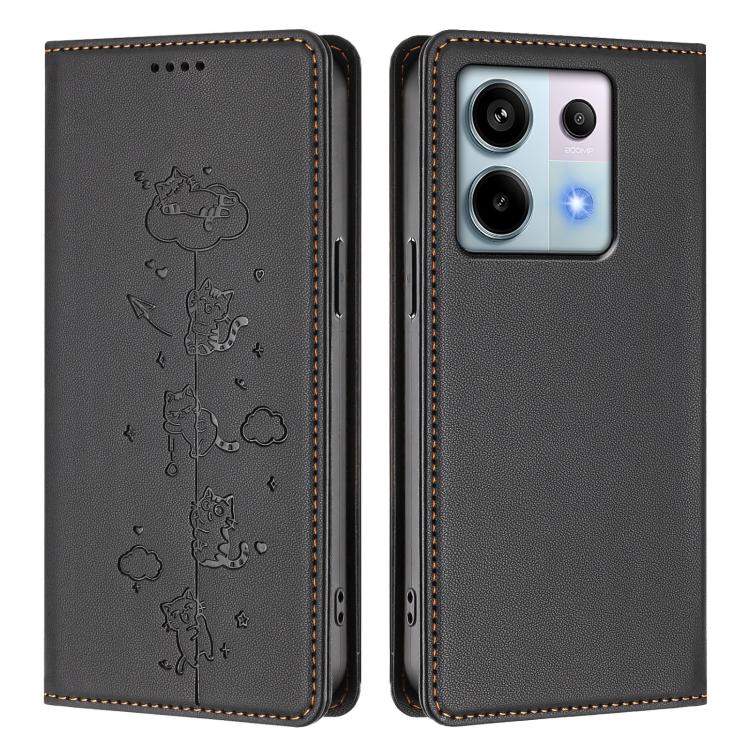 For Redmi Note 13 Pro 5G / Xiaomi Poco X6 Cute Cats Embossed Magnetic RFID Vegan Leather Phone Case