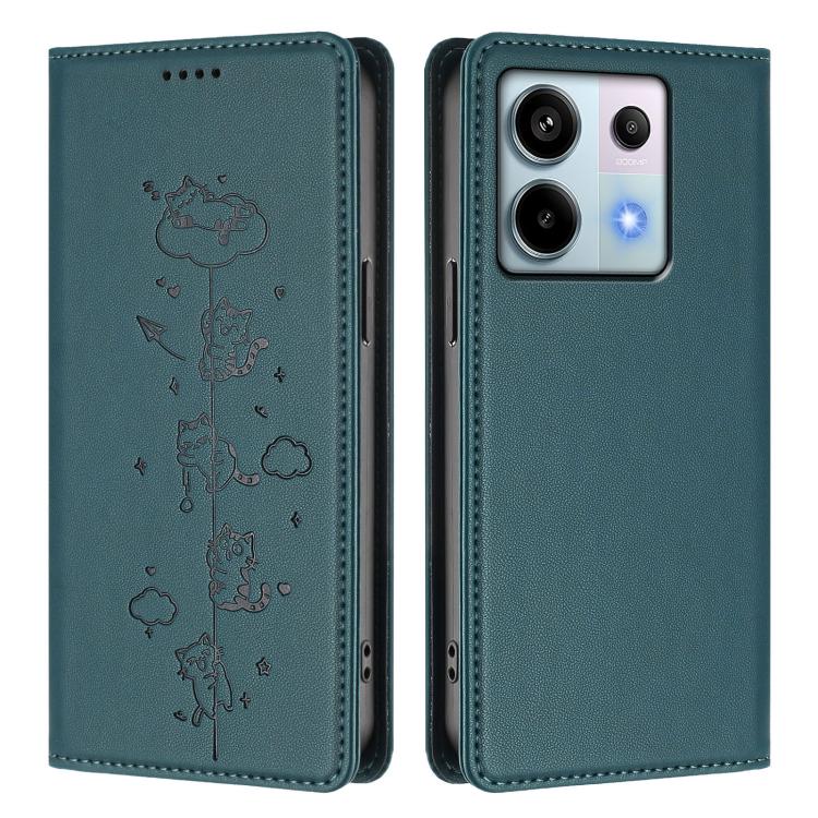 For Redmi Note 13 Pro 5G / Xiaomi Poco X6 Cute Cats Embossed Magnetic RFID Vegan Leather Phone Case