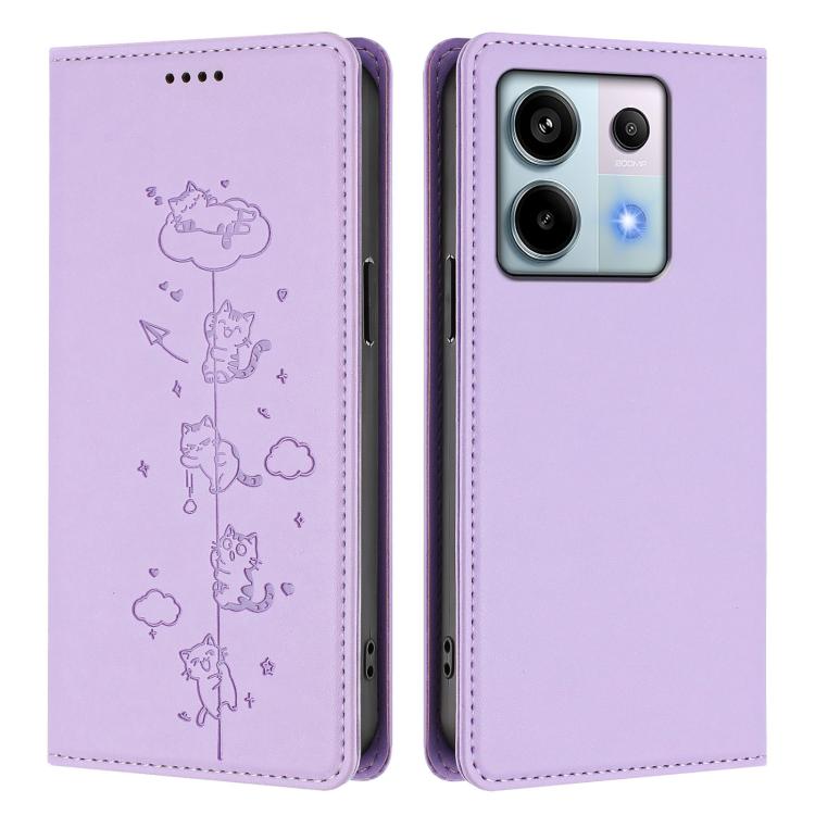 For Redmi Note 13 Pro 5G / Xiaomi Poco X6 Cute Cats Embossed Magnetic RFID Vegan Leather Phone Case