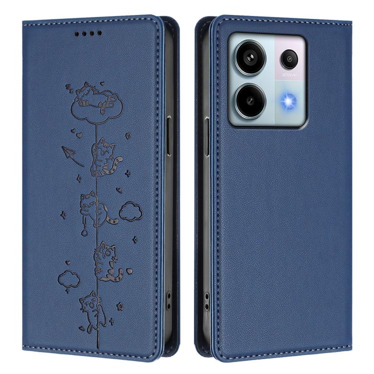 For Redmi Note 13 Pro 5G / Xiaomi Poco X6 Cute Cats Embossed Magnetic RFID Vegan Leather Phone Case