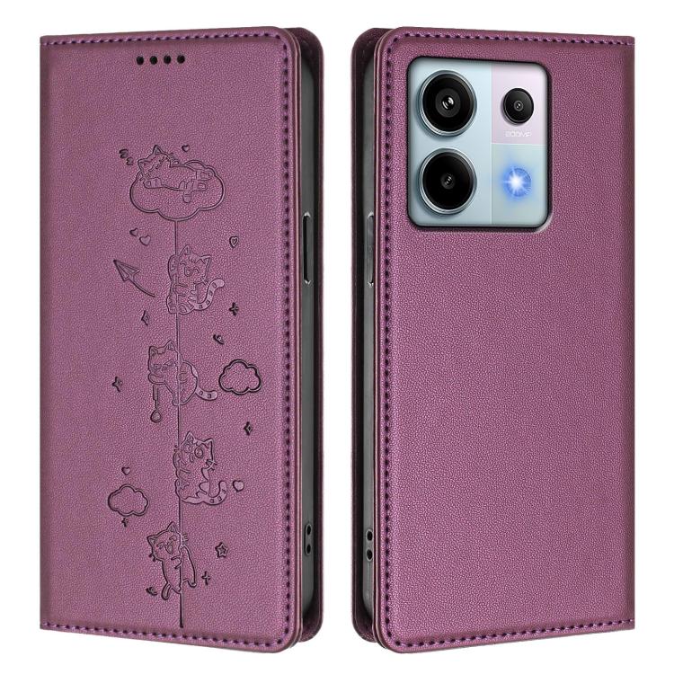For Redmi Note 13 Pro 5G / Xiaomi Poco X6 Cute Cats Embossed Magnetic RFID Vegan Leather Phone Case