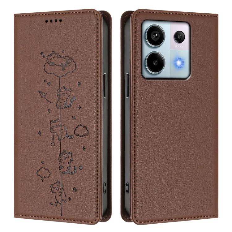 For Redmi Note 13 Pro 5G / Xiaomi Poco X6 Cute Cats Embossed Magnetic RFID Vegan Leather Phone Case