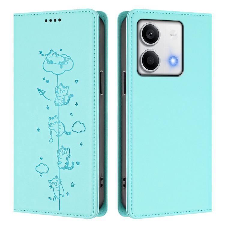 For Redmi Note 13 5G Cute Cats Embossed Magnetic RFID Vegan Leather Phone Case