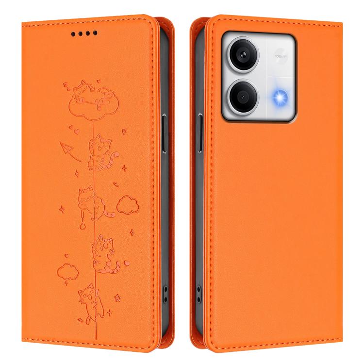 For Redmi Note 13 5G Cute Cats Embossed Magnetic RFID Vegan Leather Phone Case