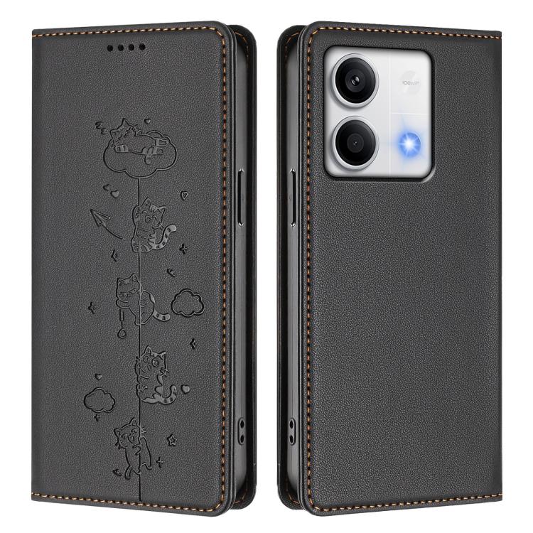 For Redmi Note 13 5G Cute Cats Embossed Magnetic RFID Vegan Leather Phone Case