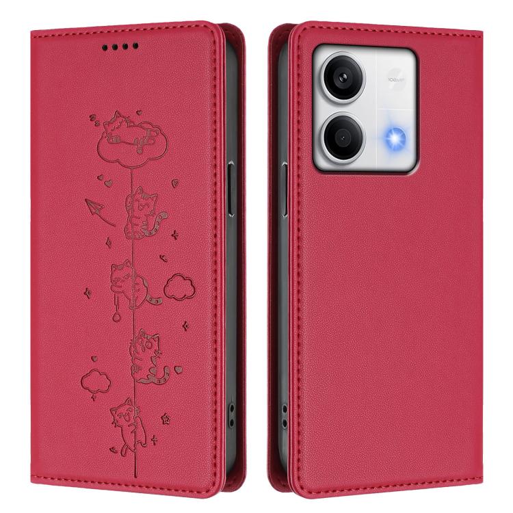 For Redmi Note 13 5G Cute Cats Embossed Magnetic RFID Vegan Leather Phone Case