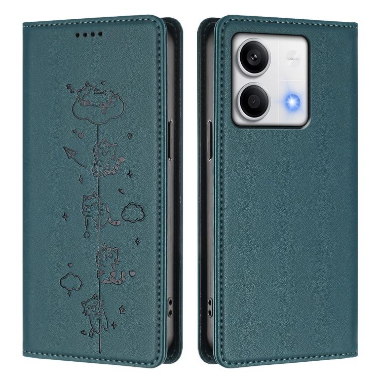 For Redmi Note 13 5G Cute Cats Embossed Magnetic RFID Vegan Leather Phone Case