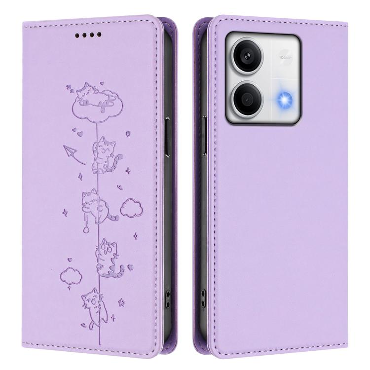 For Redmi Note 13 5G Cute Cats Embossed Magnetic RFID Vegan Leather Phone Case