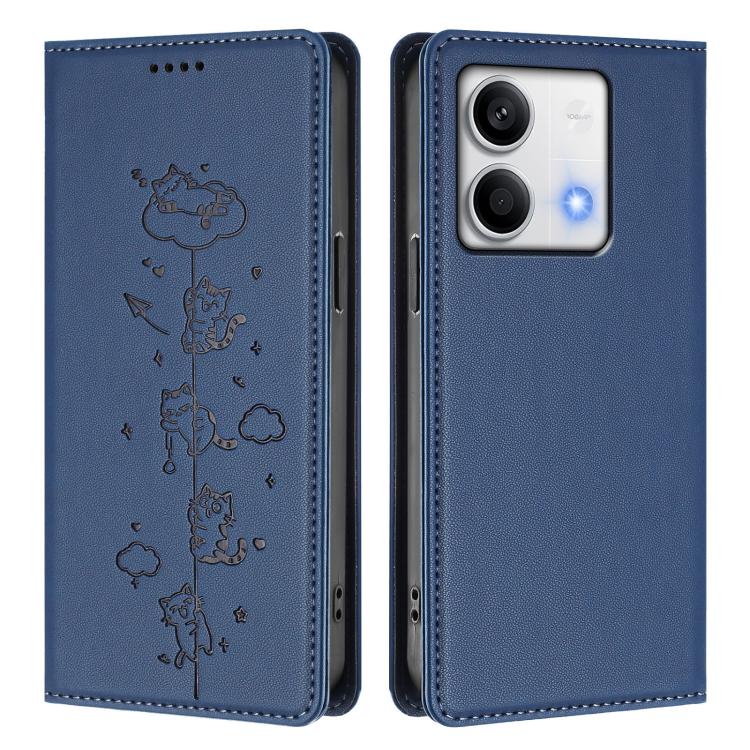 For Redmi Note 13 5G Cute Cats Embossed Magnetic RFID Vegan Leather Phone Case