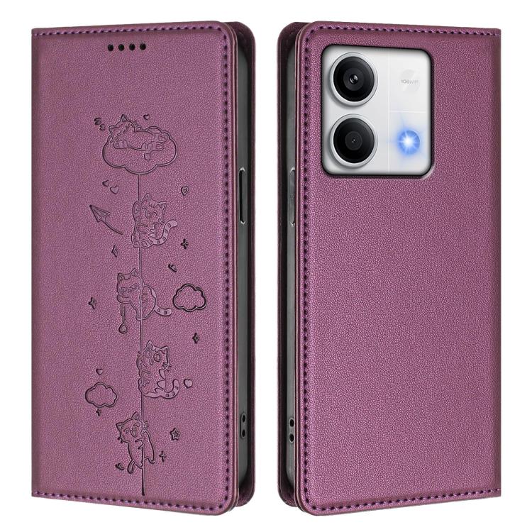 For Redmi Note 13 5G Cute Cats Embossed Magnetic RFID Vegan Leather Phone Case