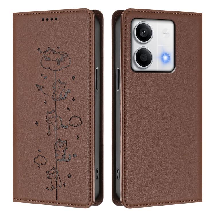 For Redmi Note 13 5G Cute Cats Embossed Magnetic RFID Vegan Leather Phone Case