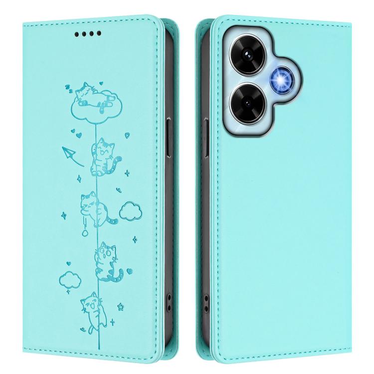 For Redmi Note 13 4G Cute Cats Embossed Magnetic RFID Vegan Leather Phone Case