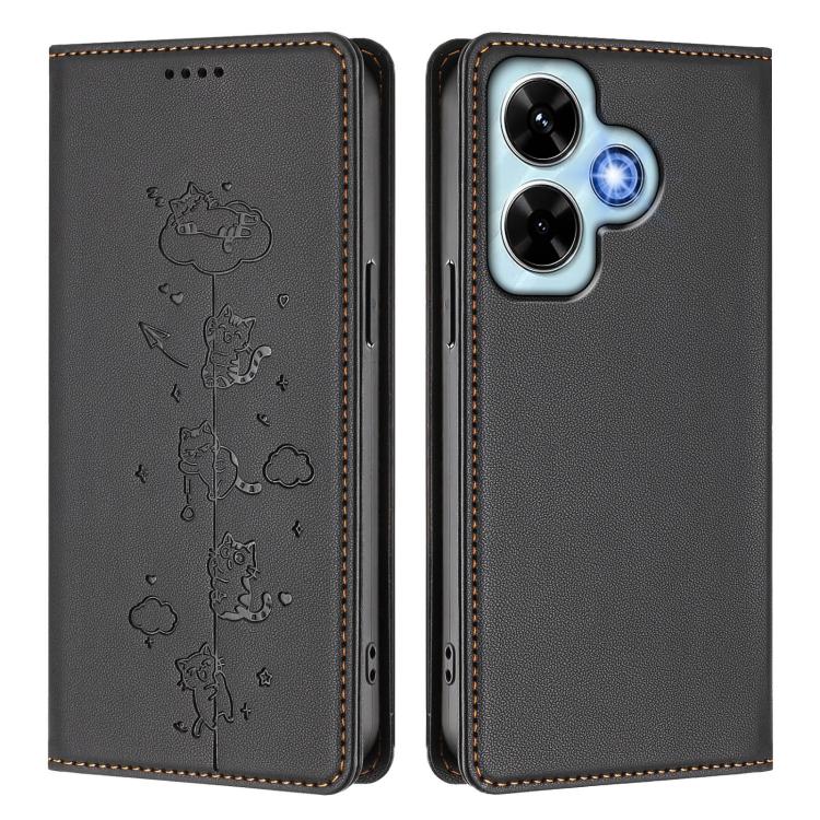 For Redmi Note 13 4G Cute Cats Embossed Magnetic RFID Vegan Leather Phone Case