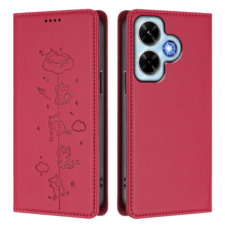 For Redmi Note 13 4G Cute Cats Embossed Magnetic RFID Vegan Leather Phone Case