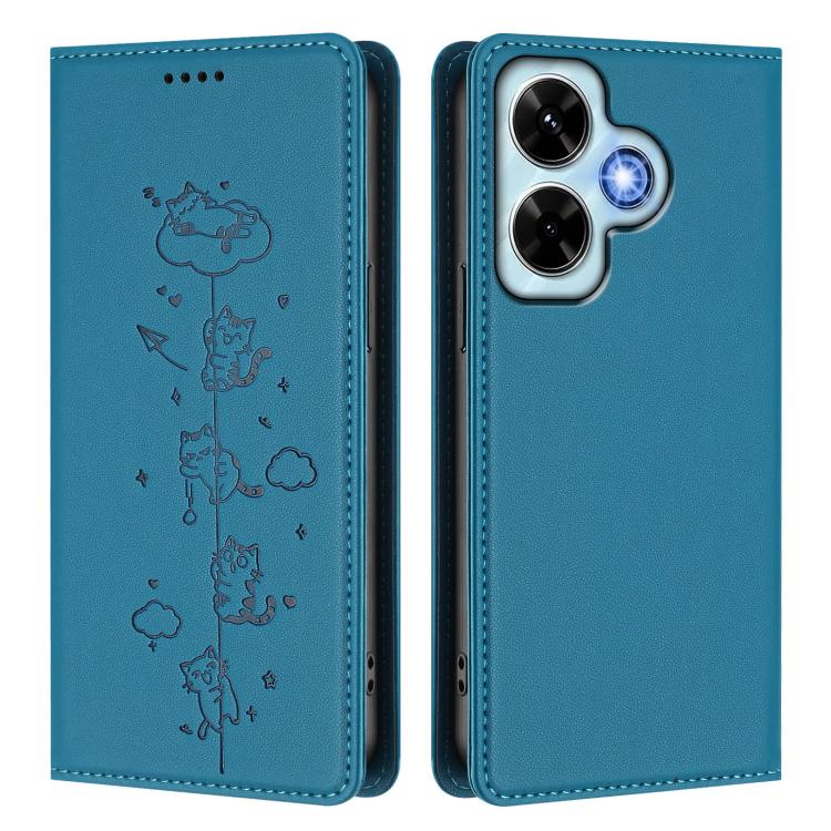 For Redmi Note 13 4G Cute Cats Embossed Magnetic RFID Vegan Leather Phone Case