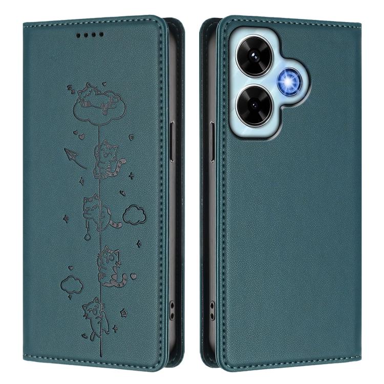 For Redmi Note 13 4G Cute Cats Embossed Magnetic RFID Vegan Leather Phone Case
