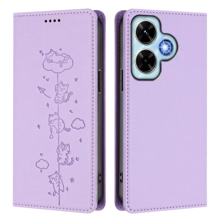 For Redmi Note 13 4G Cute Cats Embossed Magnetic RFID Vegan Leather Phone Case