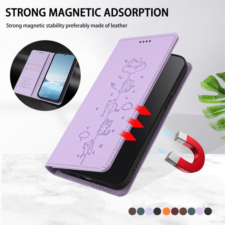 For Redmi Note 13 4G Cute Cats Embossed Magnetic RFID Vegan Leather Phone Case