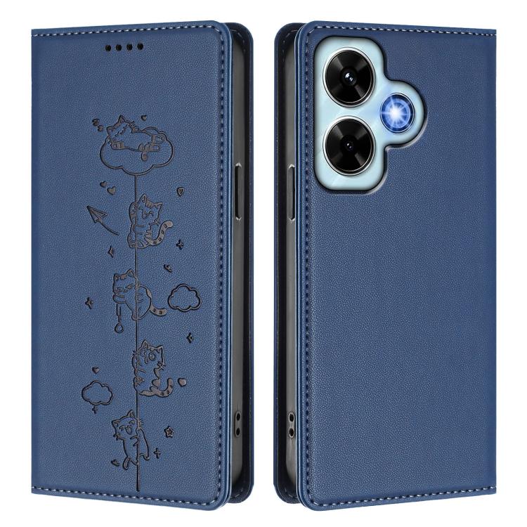 For Redmi Note 13 4G Cute Cats Embossed Magnetic RFID Vegan Leather Phone Case
