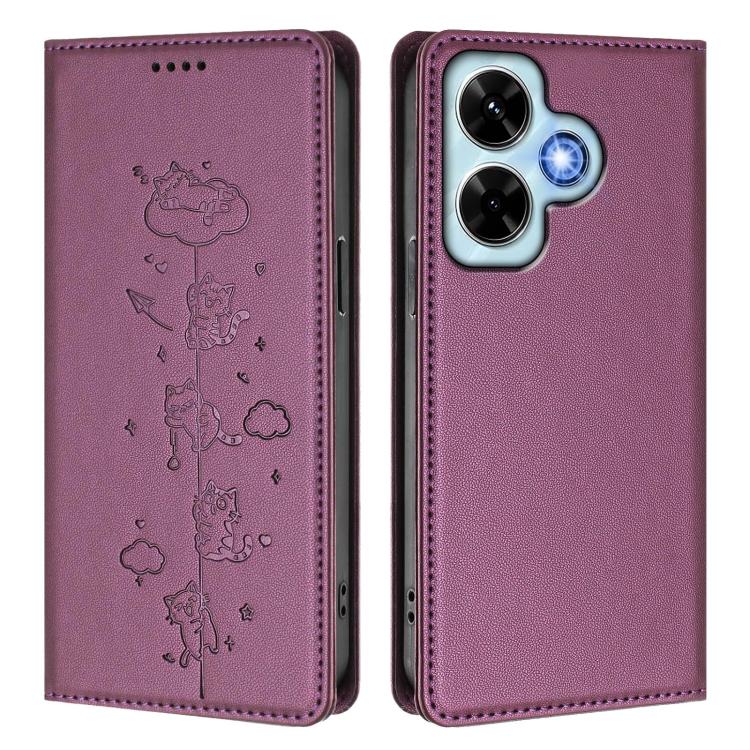 For Redmi Note 13 4G Cute Cats Embossed Magnetic RFID Vegan Leather Phone Case