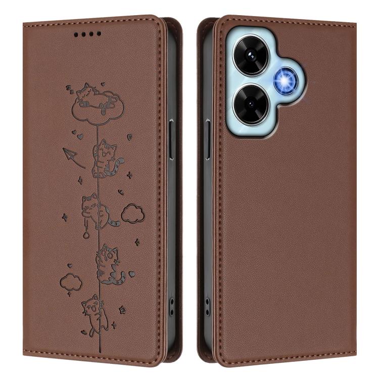 For Redmi Note 13 4G Cute Cats Embossed Magnetic RFID Vegan Leather Phone Case