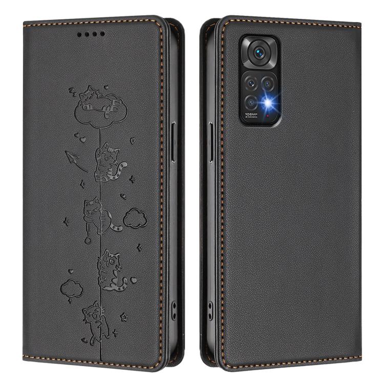 For Redmi Note 12S / Note 11 4G Cute Cats Embossed Magnetic RFID Vegan Leather Phone Case