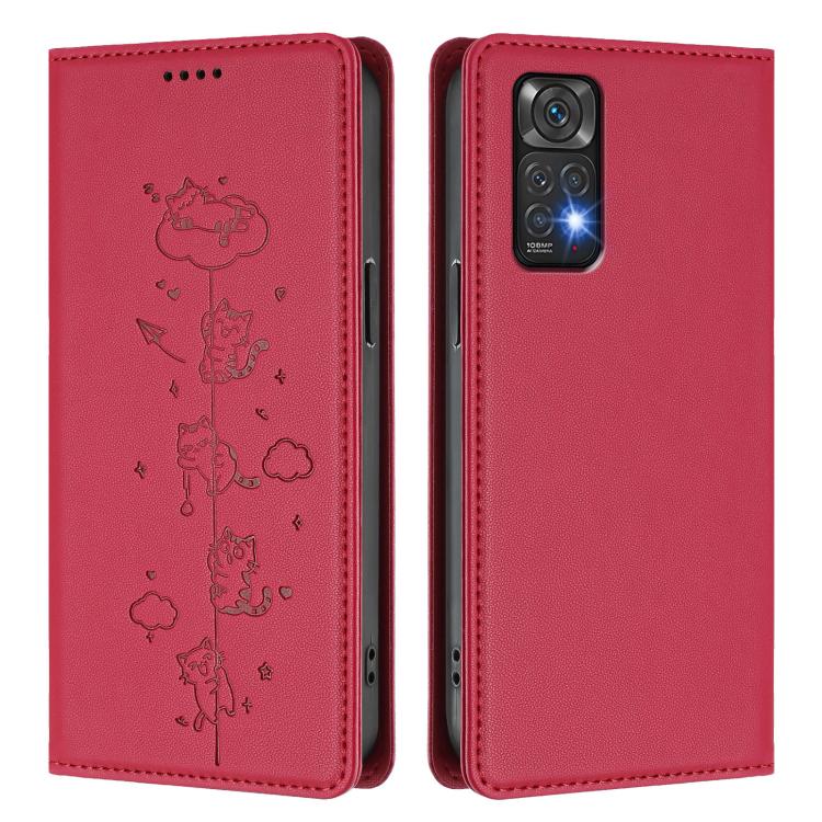 For Redmi Note 12S / Note 11 4G Cute Cats Embossed Magnetic RFID Vegan Leather Phone Case