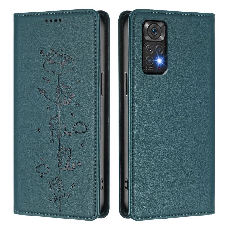 For Redmi Note 12S / Note 11 4G Cute Cats Embossed Magnetic RFID Vegan Leather Phone Case