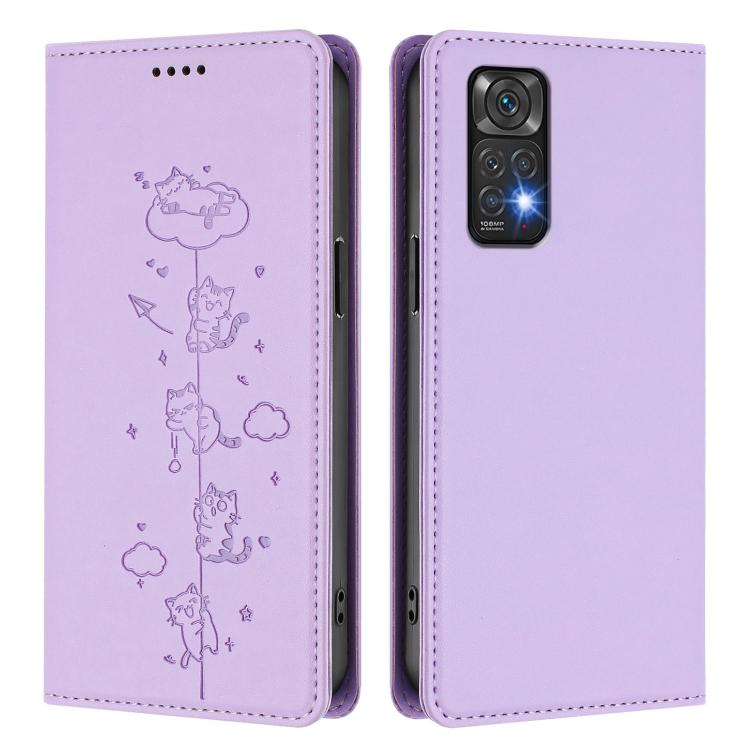 For Redmi Note 12S / Note 11 4G Cute Cats Embossed Magnetic RFID Vegan Leather Phone Case