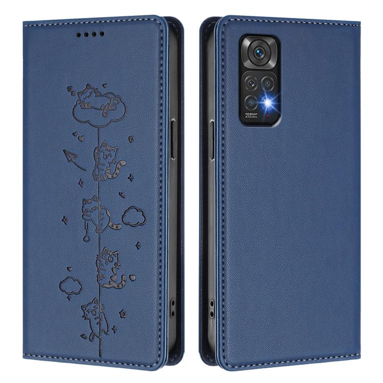For Redmi Note 12S / Note 11 4G Cute Cats Embossed Magnetic RFID Vegan Leather Phone Case
