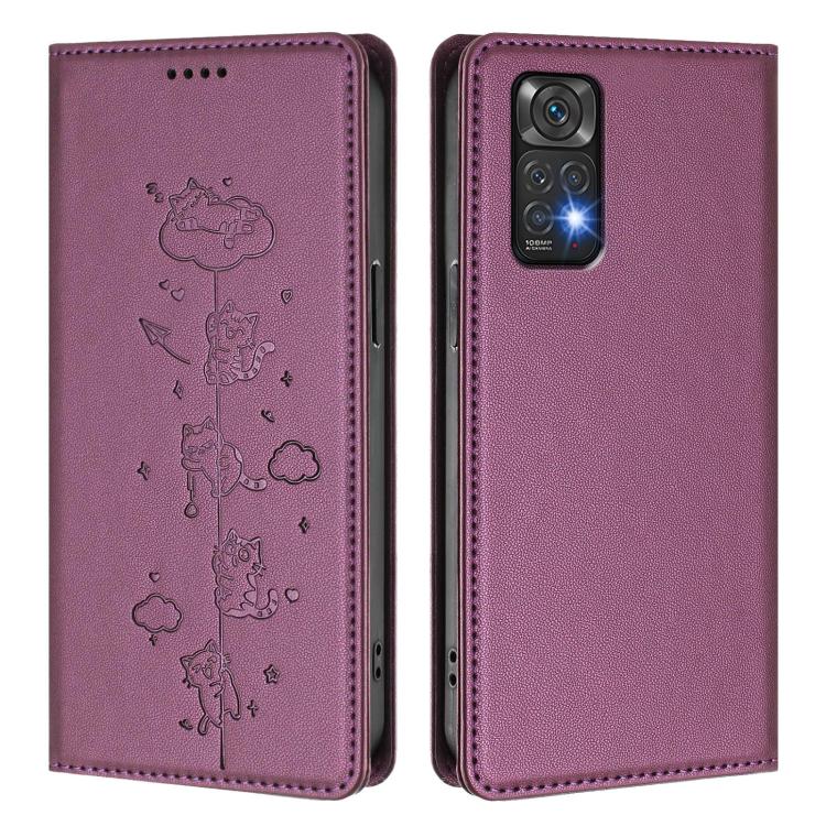 For Redmi Note 12S / Note 11 4G Cute Cats Embossed Magnetic RFID Vegan Leather Phone Case