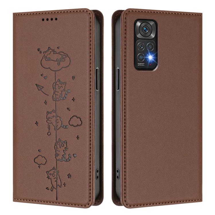 For Redmi Note 12S / Note 11 4G Cute Cats Embossed Magnetic RFID Vegan Leather Phone Case