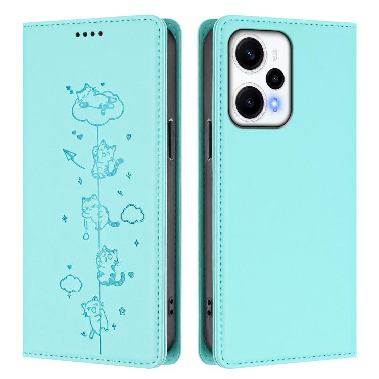 For Redmi Note 12 Turbo / Xiaomi Poco F5 Cute Cats Embossed Magnetic RFID Vegan Leather Phone Case