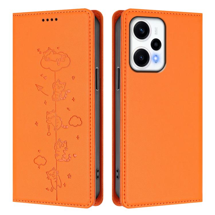 For Redmi Note 12 Turbo / Xiaomi Poco F5 Cute Cats Embossed Magnetic RFID Vegan Leather Phone Case