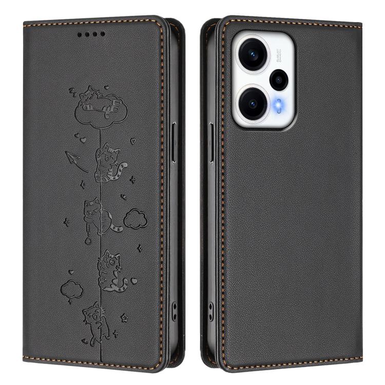 For Redmi Note 12 Turbo / Xiaomi Poco F5 Cute Cats Embossed Magnetic RFID Vegan Leather Phone Case
