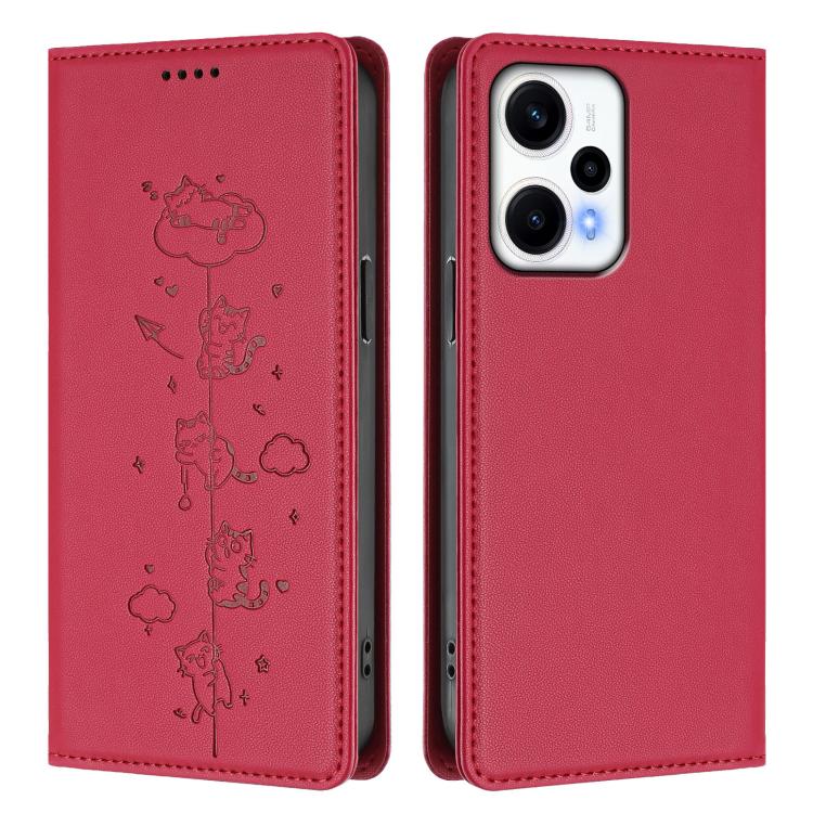 For Redmi Note 12 Turbo / Xiaomi Poco F5 Cute Cats Embossed Magnetic RFID Vegan Leather Phone Case