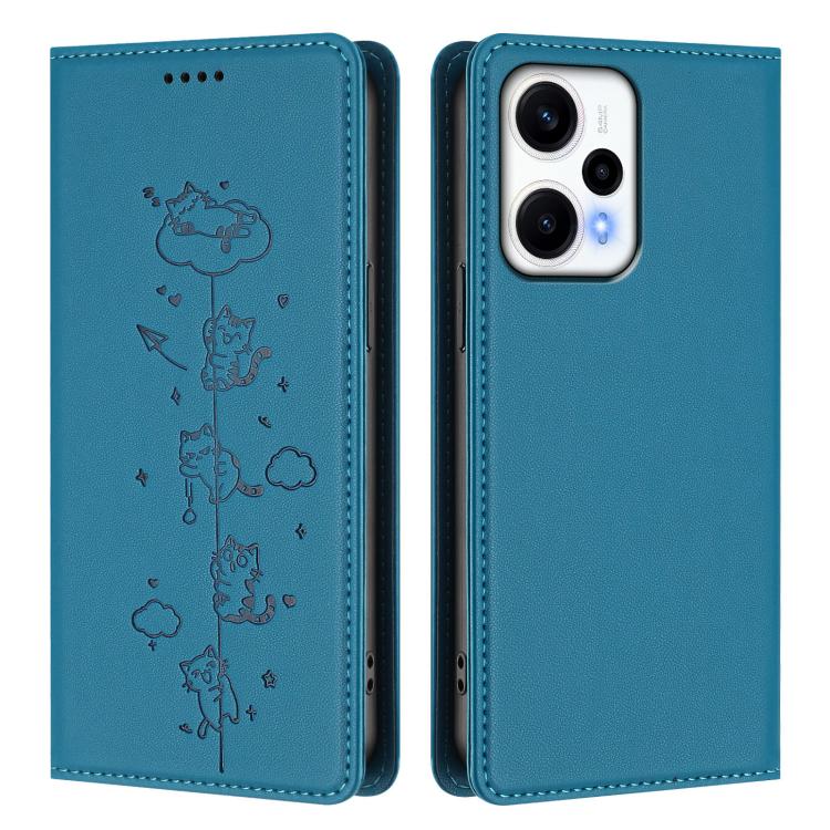 For Redmi Note 12 Turbo / Xiaomi Poco F5 Cute Cats Embossed Magnetic RFID Vegan Leather Phone Case