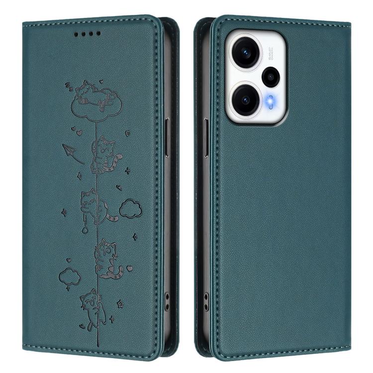 For Redmi Note 12 Turbo / Xiaomi Poco F5 Cute Cats Embossed Magnetic RFID Vegan Leather Phone Case