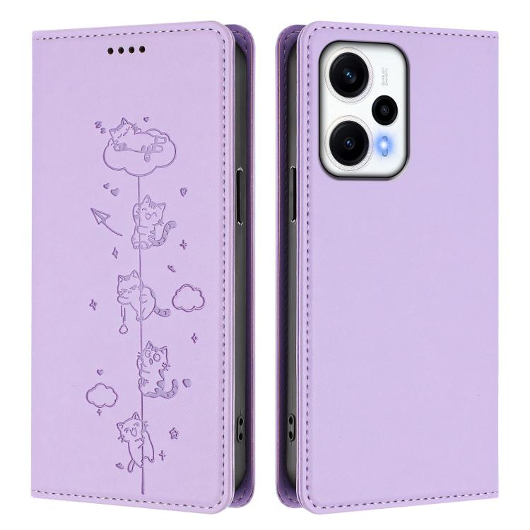 For Redmi Note 12 Turbo / Xiaomi Poco F5 Cute Cats Embossed Magnetic RFID Vegan Leather Phone Case