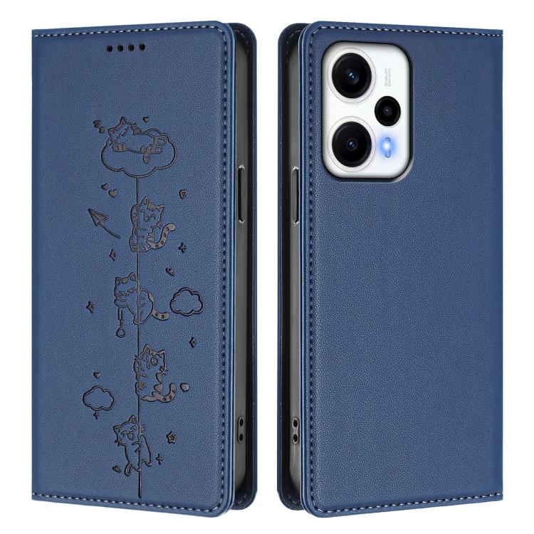 For Redmi Note 12 Turbo / Xiaomi Poco F5 Cute Cats Embossed Magnetic RFID Vegan Leather Phone Case