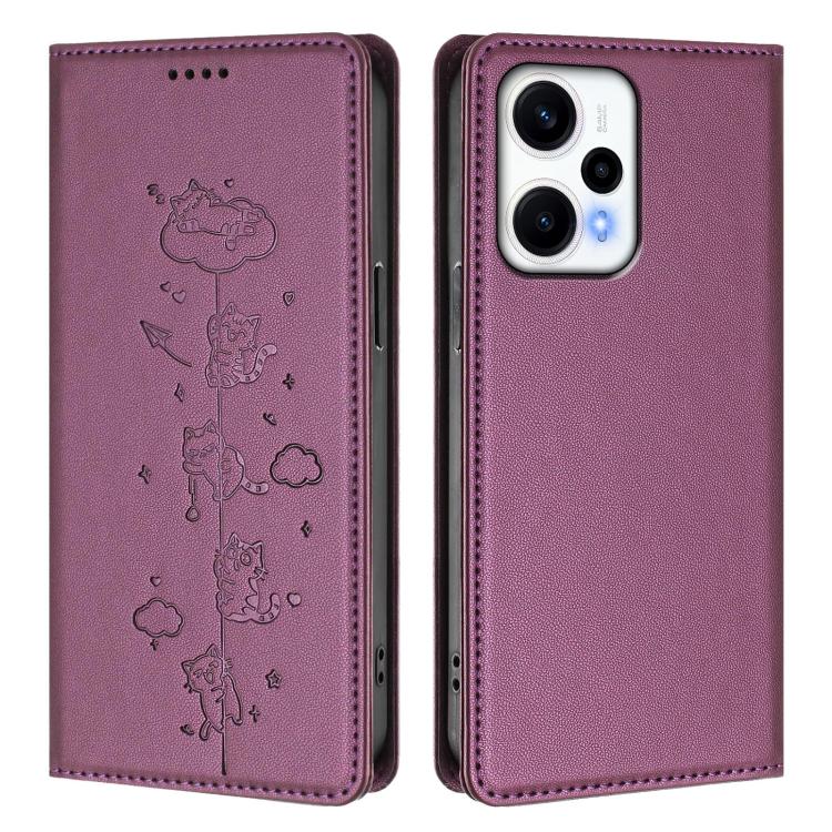 For Redmi Note 12 Turbo / Xiaomi Poco F5 Cute Cats Embossed Magnetic RFID Vegan Leather Phone Case