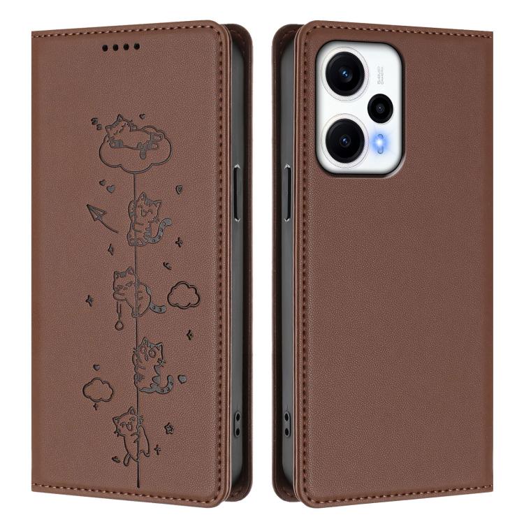 For Redmi Note 12 Turbo / Xiaomi Poco F5 Cute Cats Embossed Magnetic RFID Vegan Leather Phone Case