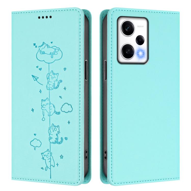For Redmi Note 12 Pro 5G Global / Speed Cute Cats Embossed Magnetic RFID Vegan Leather Phone Case