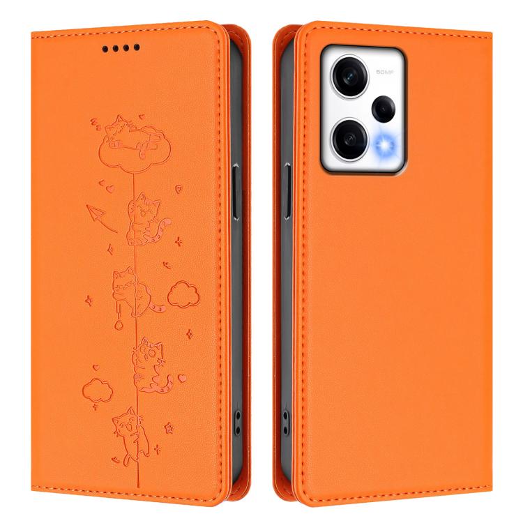 For Redmi Note 12 Pro 5G Global / Speed Cute Cats Embossed Magnetic RFID Vegan Leather Phone Case