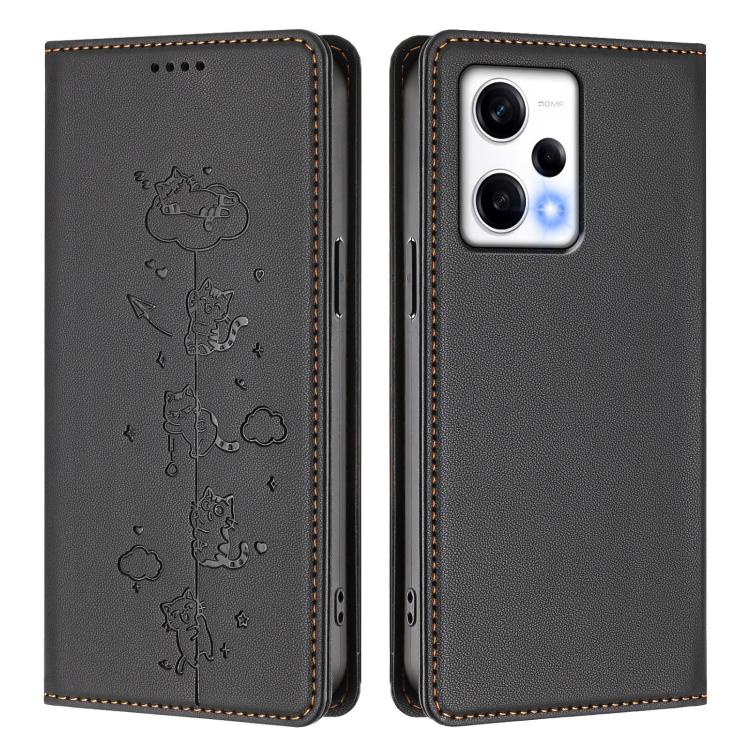 For Redmi Note 12 Pro 5G Global / Speed Cute Cats Embossed Magnetic RFID Vegan Leather Phone Case