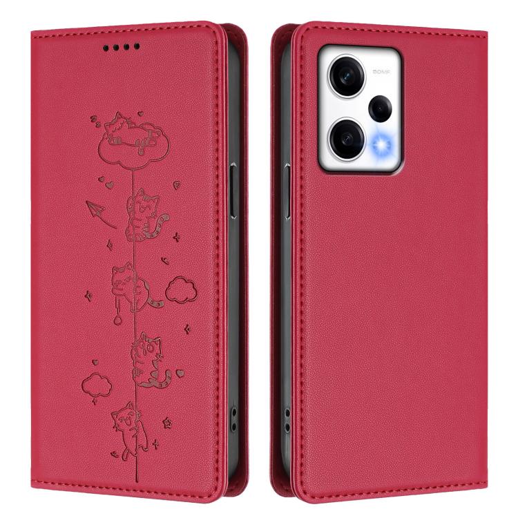 For Redmi Note 12 Pro 5G Global / Speed Cute Cats Embossed Magnetic RFID Vegan Leather Phone Case